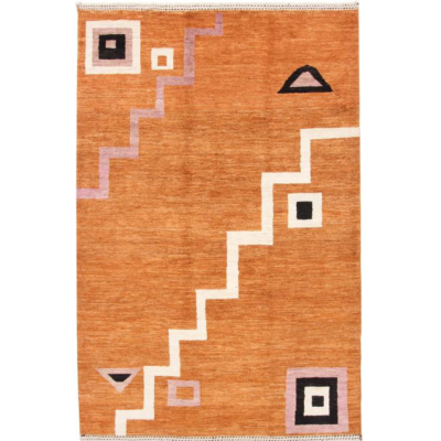 Berbermatta i marockansk stil med geometriskt trapptmönster i vitt och svarta accenter.